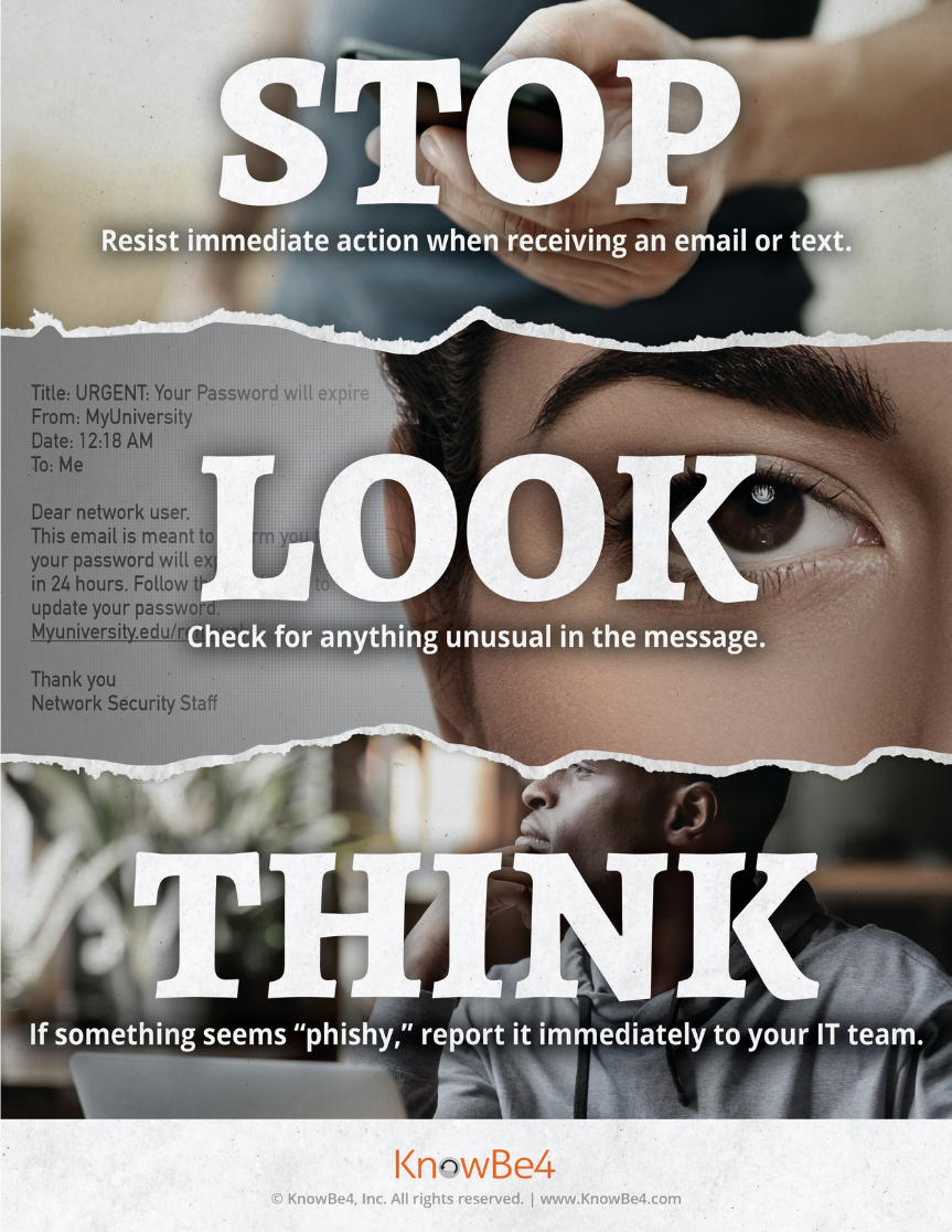 Promo banner from KnowBe4 that encourages user to "Stop. Look. Think" about phishy messages.