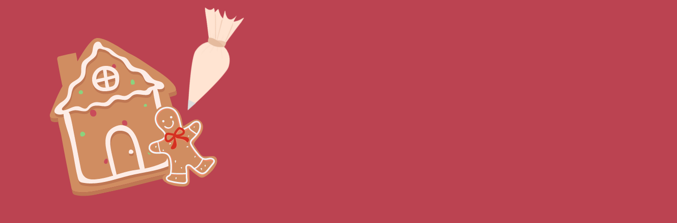 Cartoon gingerbread house on a red background.