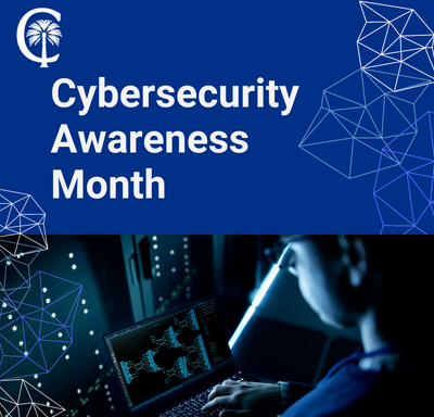 Computer and person in a shadowy server room. Prism design around "Cybersecurity Awareness Month"