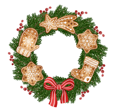 Christmas wreath pinned with Christmas cookies.