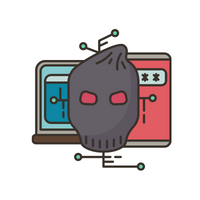 Malicious looking black mask cartoon in front of computer info.