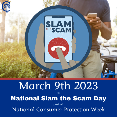 Slam the Scam Banner with phone being hung up on. Date of Slam the Scam, March 9th. 